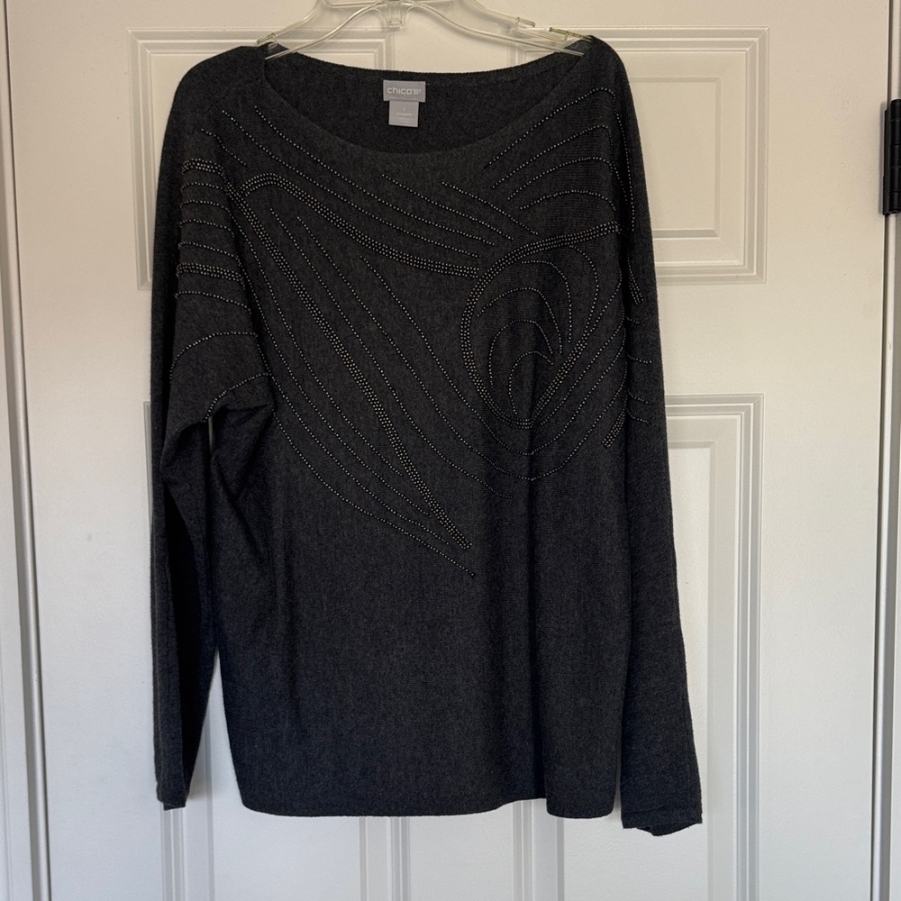 Chico's Dark Gray Embellished Crewneck Sweater
